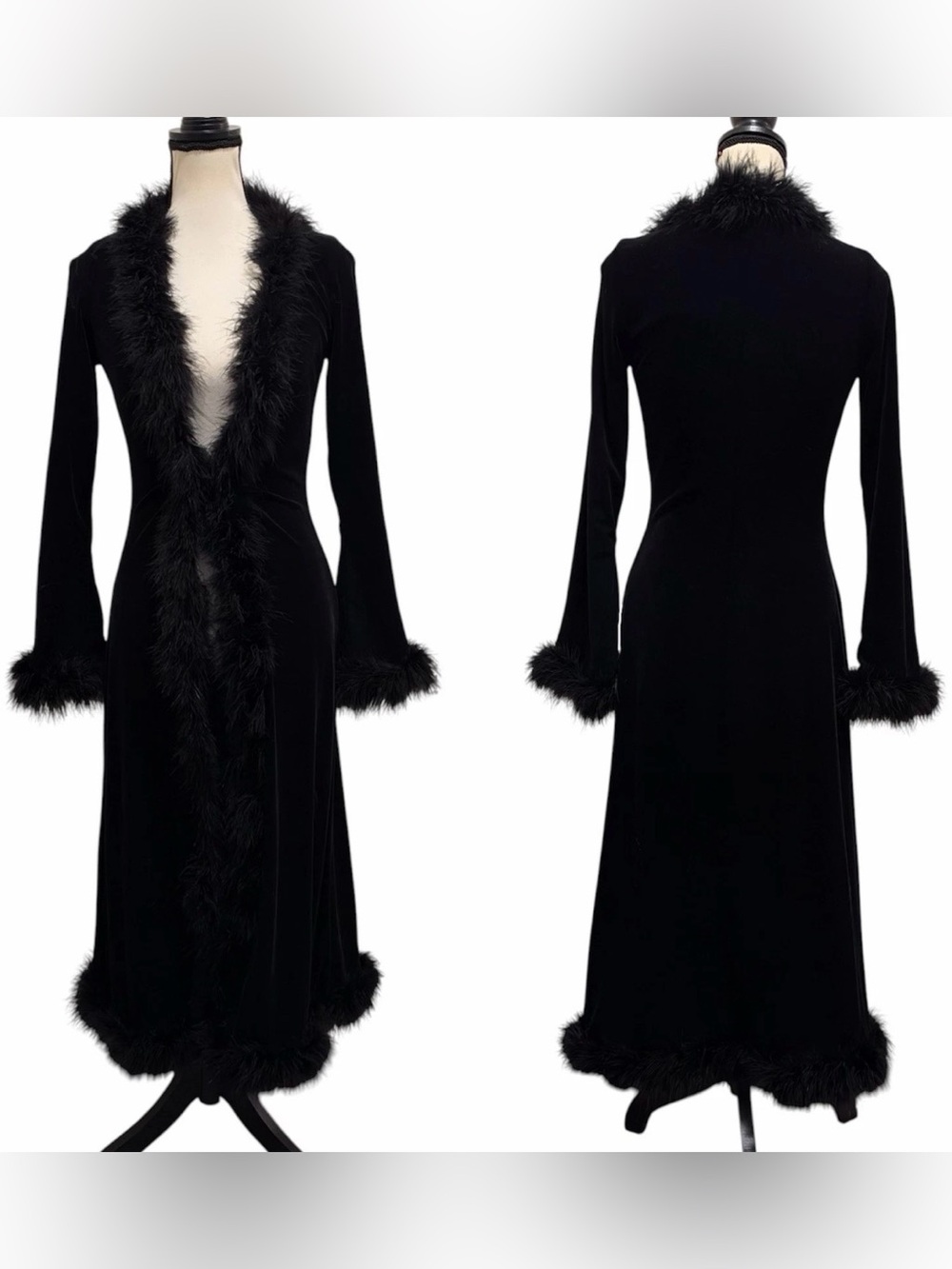 Vintage Betsey Johnson New York Black Velvet Duster Dress Coat w/ Feather Trim